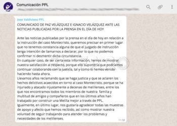 1 Comunicado Paz e Ignacio Velázquez, "satisfechos" de poder "colaborar con la justicia" al estar investigados en el caso 'Salander'