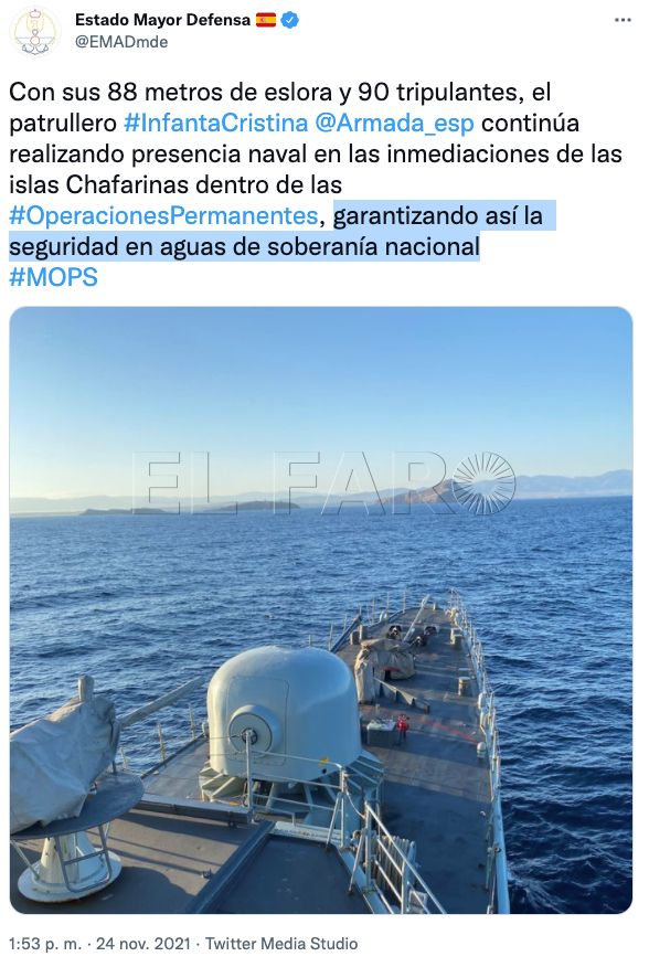 Tuit del Estado Mayor Defensa La Armada española patrulla en las cercanías de las Islas Chafarinas