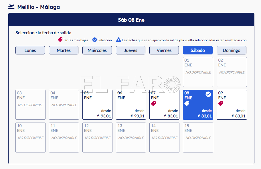 Captura de pantalla 2022 01 04 a las 21.58.56 Air Europa no ofrece disponibilidad en vuelos entre Melilla y Málaga a partir del 10 de enero