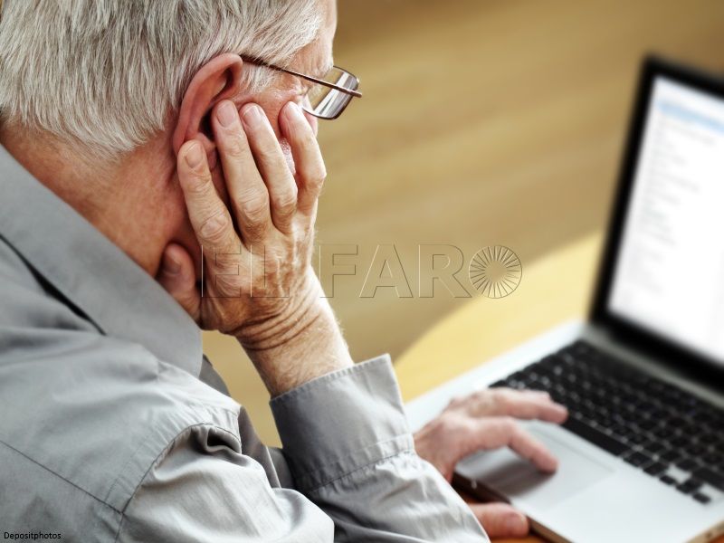 Senior with Laptop, focus on hand