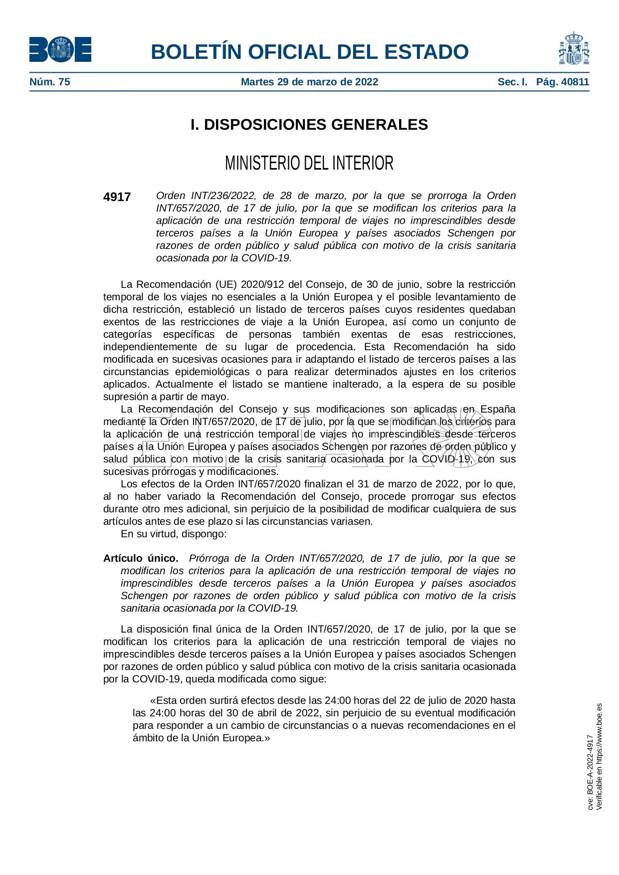 BOE A 2022 4917 page 0001 1 España prorroga el cierre de la frontera al menos hasta el 30 de abril