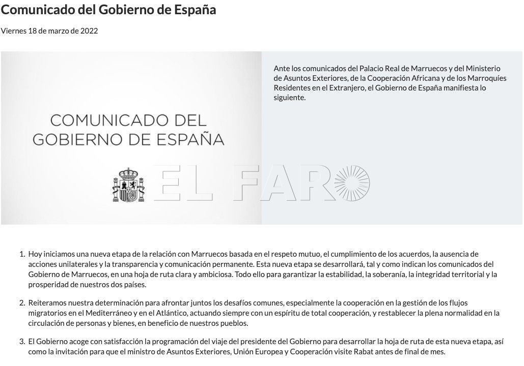 Comunicado del Gobierno de España Marruecos da por cerrada la crisis diplomática con España