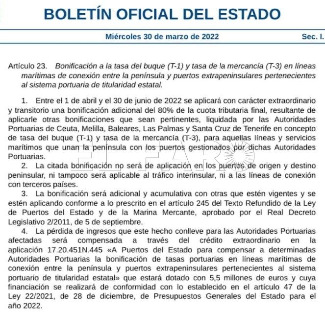 Real Decreto 62022 El Gobierno central aprueba una bonificación extraordinaria al transporte marítimo de Melilla