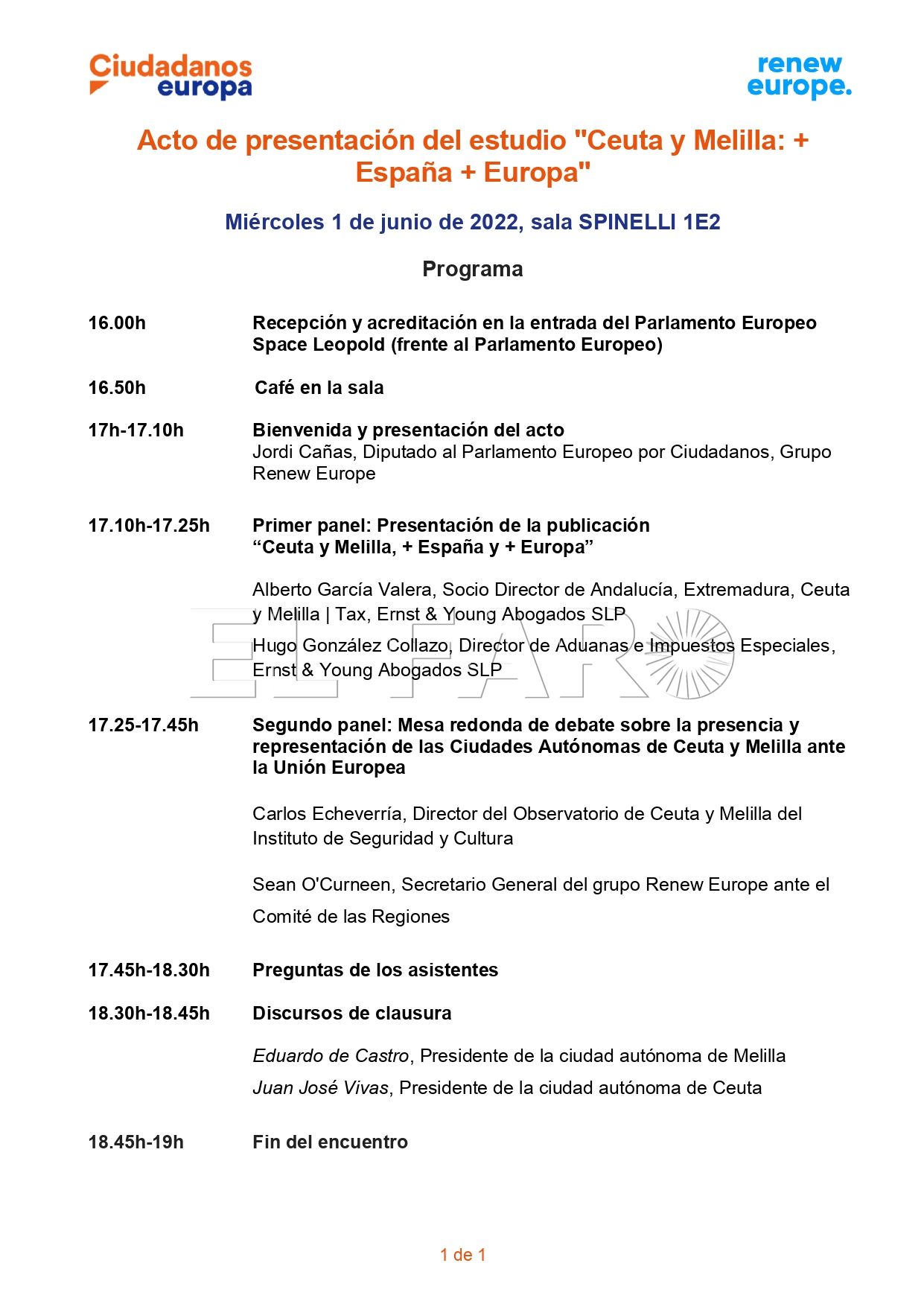 20220530 PROGRAMA EVENTO CEUTA Y MELILLA page 0001 Presentan en Bruselas el informe Ceuta y Melilla: Más España, más Europa