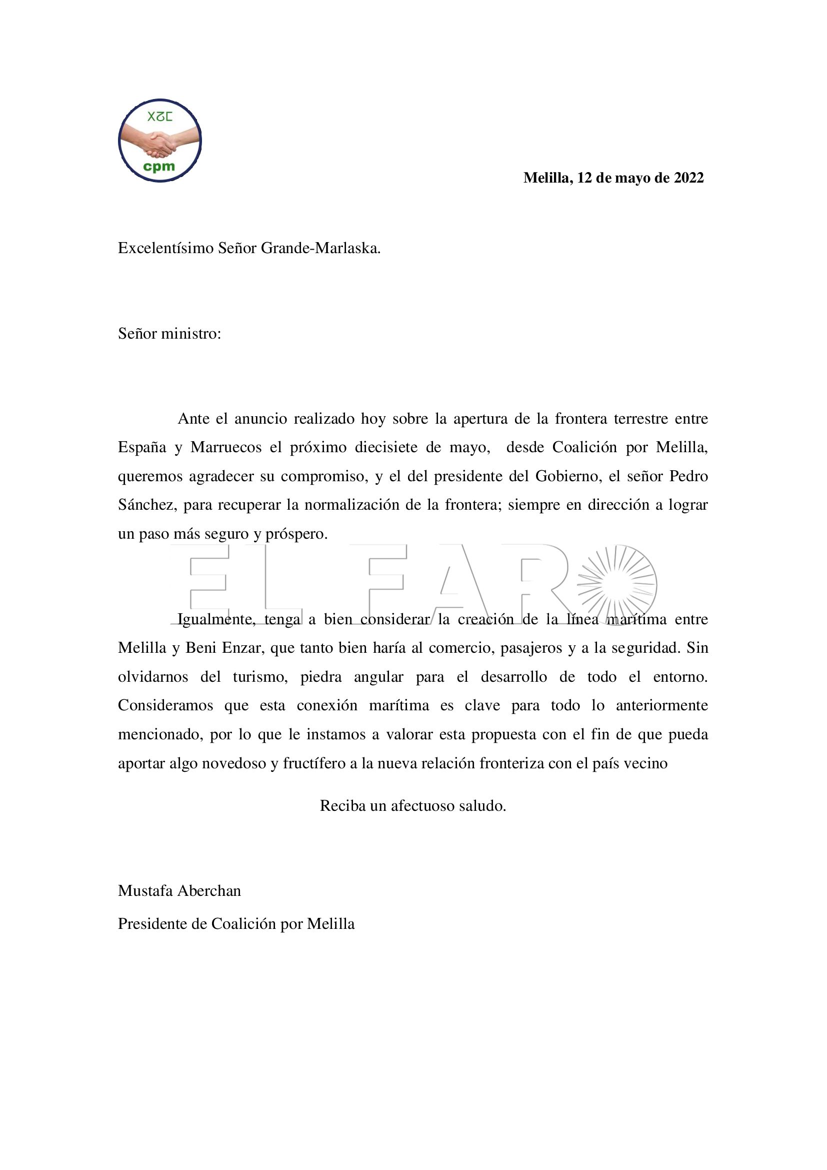 Carta al señor ministro Grande Marlaska 12 05 2022 Moh duda de que pedir el barco Melilla-Beni Enzar a un ministro del Interior sea el cauce más adecuado