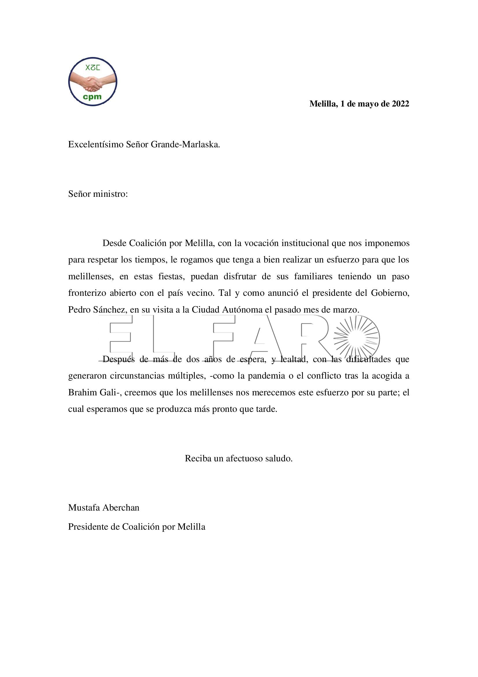 Carta al señor minsitro Grande Marlaska 1 Interior contesta a Aberchán que "se encuentra cercana la definición" de los mecanismos para abrir la frontera
