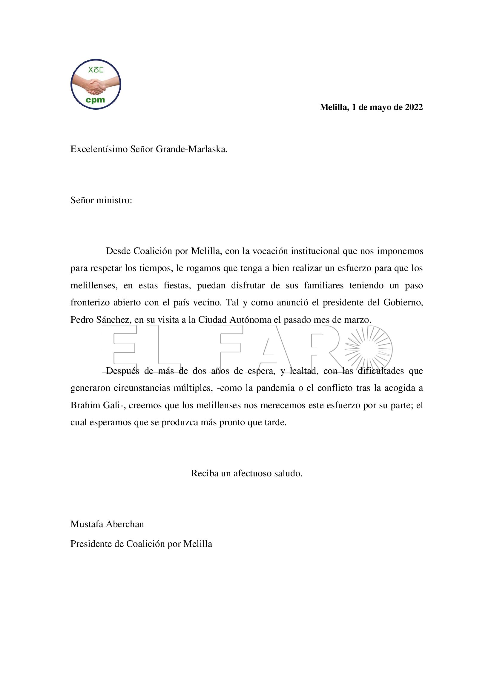 Carta al señor minsitro Grande Marlaska Aberchán pide a Marlaska "un esfuerzo" para reabrir "más pronto que tarde" la frontera