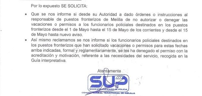 SUP El Sindicato Unificado de Policía pide explicaciones por la anulación de vacaciones a agentes de la frontera