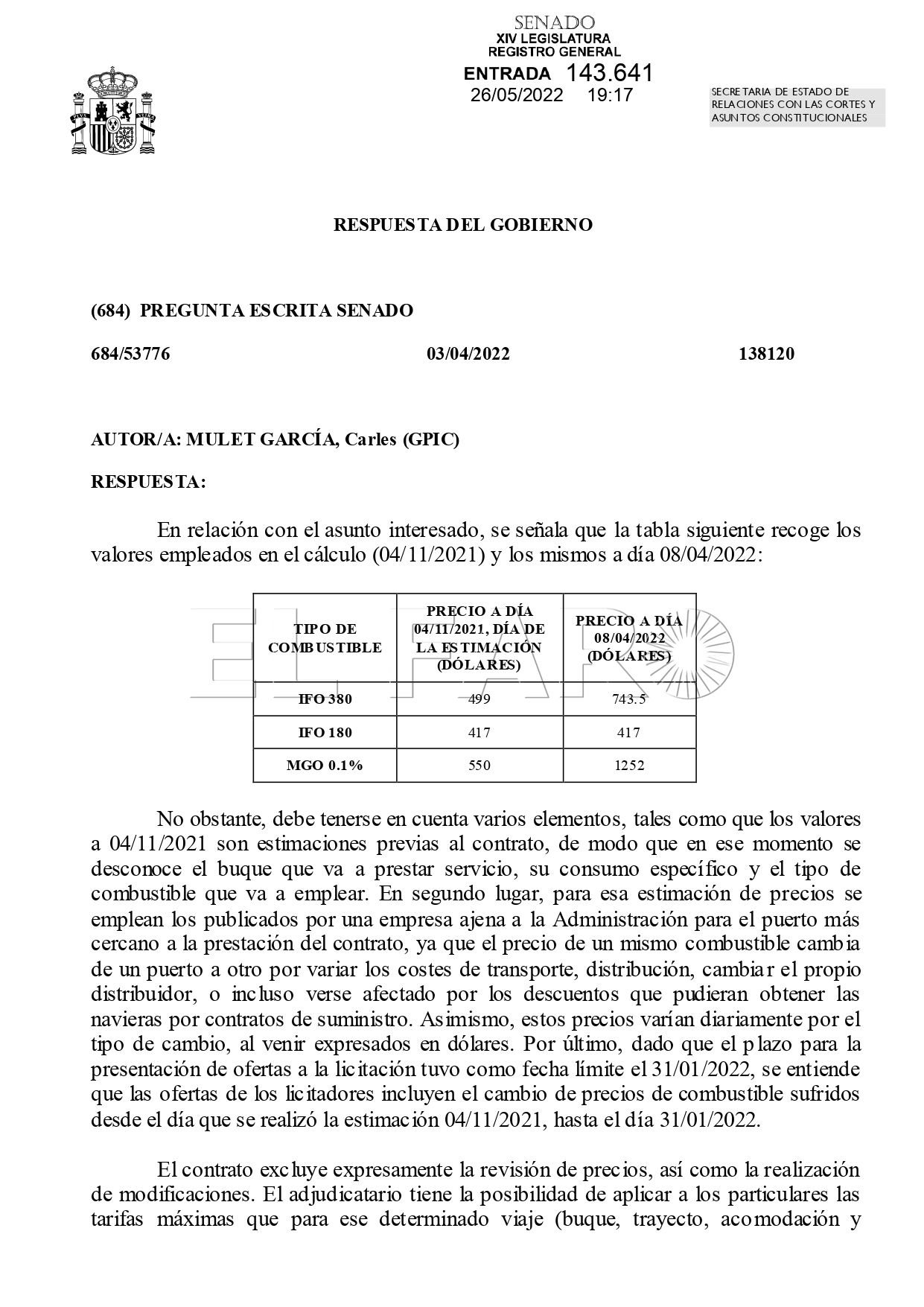 PREGUNTA COMBUSTIBLES DEL CONCURSO MARITIMOr page 0001 El Gobierno sugiere subir los precios del barco por el coste del combustible