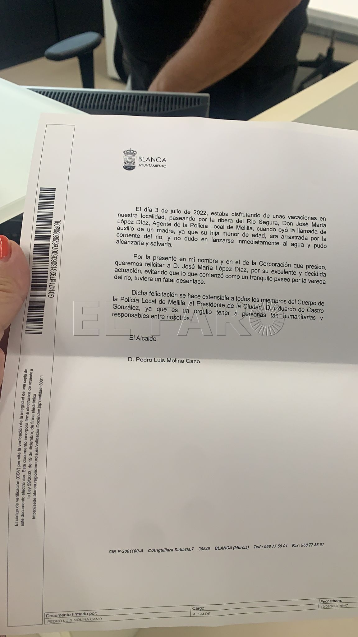 BLANCA Blanca, municipio de Murcia, felicita a José María López, a la Policía Local y al presidente de la Ciudad