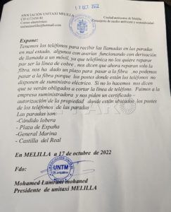 escrito taxi Lamrani pide ayuda a la Ciudad para pasar a fibra óptica los teléfonos de las paradas de taxi