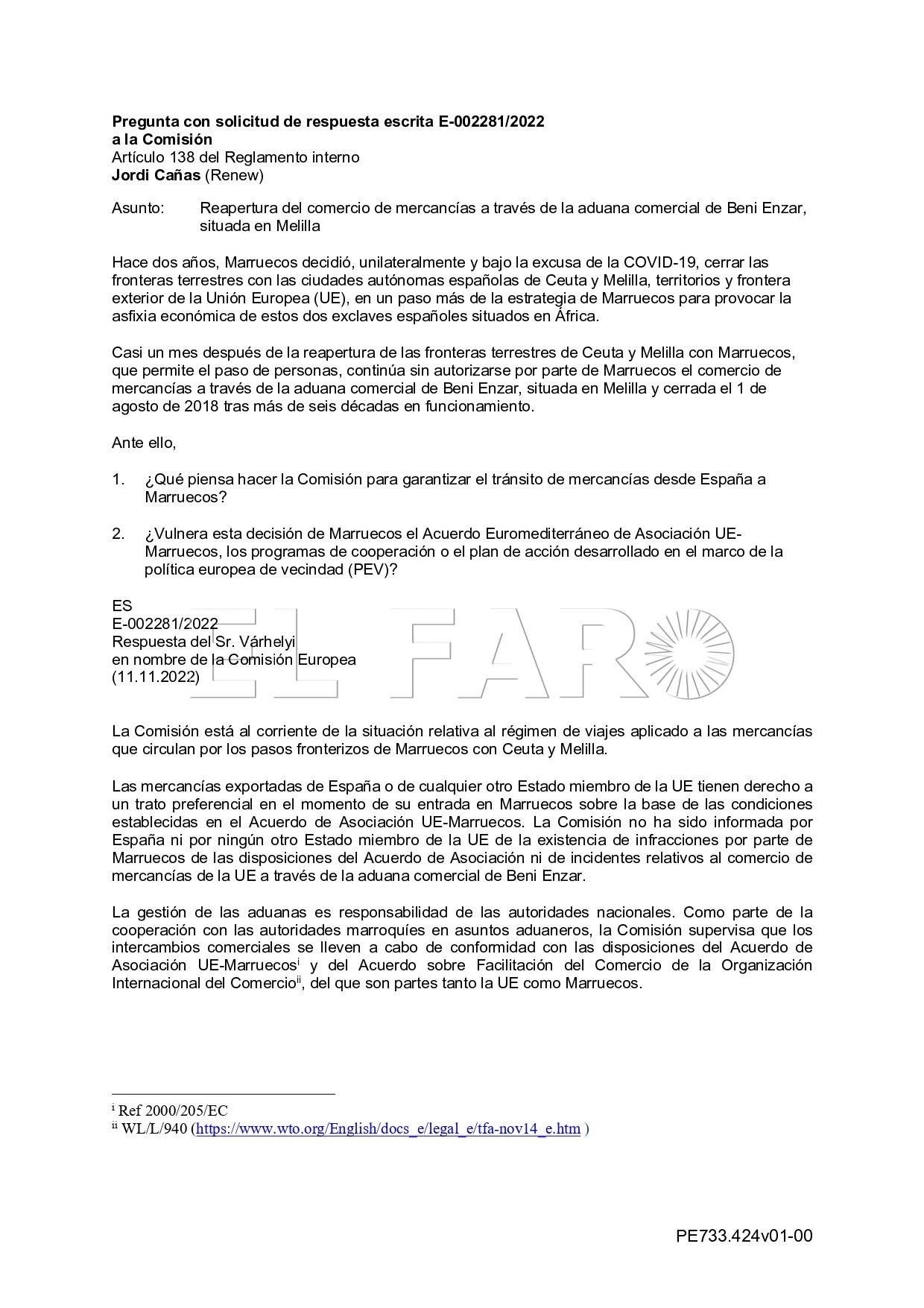 20221114 WQ Y RESPUESTA BENI ANZAR page 0001 Ciudadanos exige a Sánchez que notifique a Europa las restricciones de Marruecos en la aduana de Melilla