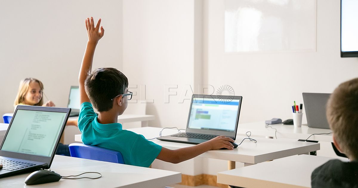 Mixed-race boy in glasses rising hand for answer during lesson. Back view of kid sitting at table with laptop computer and studying at school. Childhood, knowledge and digital education concept