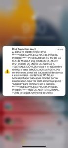mensaje 2 El Gobierno envía un mensaje de prueba del sistema de alertas a teléfonos en Melilla