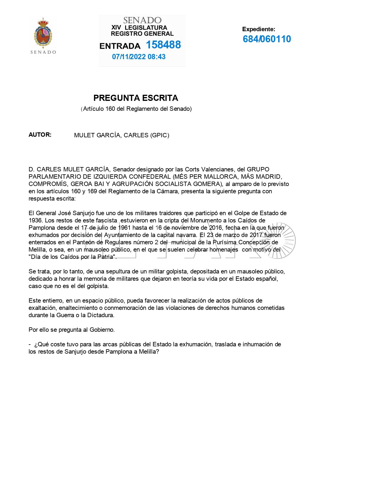sanjurjo 1 page 0001 Compromís pregunta al Gobierno cuánto cuesta tener a Sanjurjo en el Panteón de Regulares de Melilla