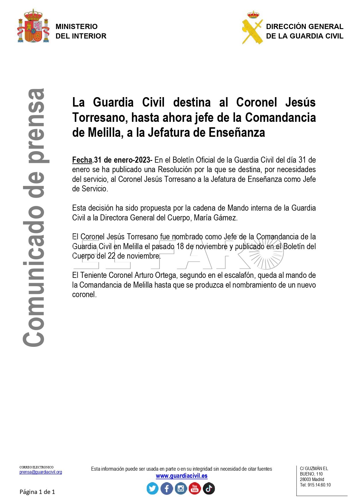 COMUNICADO MELILLA page 0001 Cesado el coronel de la Guardia Civil de Melilla, Jesús Vicente Torresano