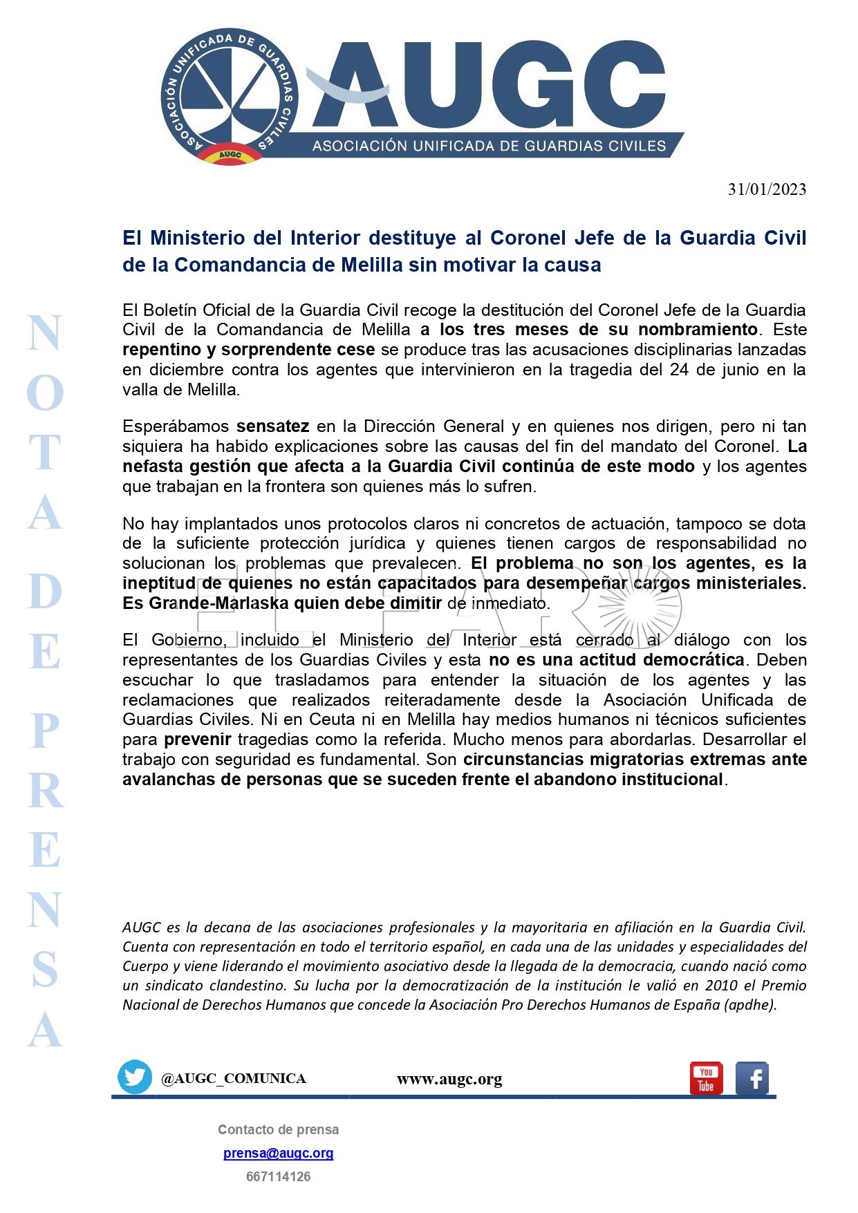 El Ministerio del Interior destituye al Coronel Jefe de la Guardia Civil de la Comandancia de Melilla sin motivar la causa page 0001 Cesado el coronel de la Guardia Civil de Melilla, Jesús Vicente Torresano