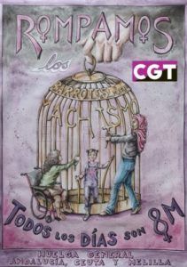 cartel cgt dia de la mujer La CGT convoca huelga general en Andalucía, Ceuta y Melilla el 8M, Día de la Mujer