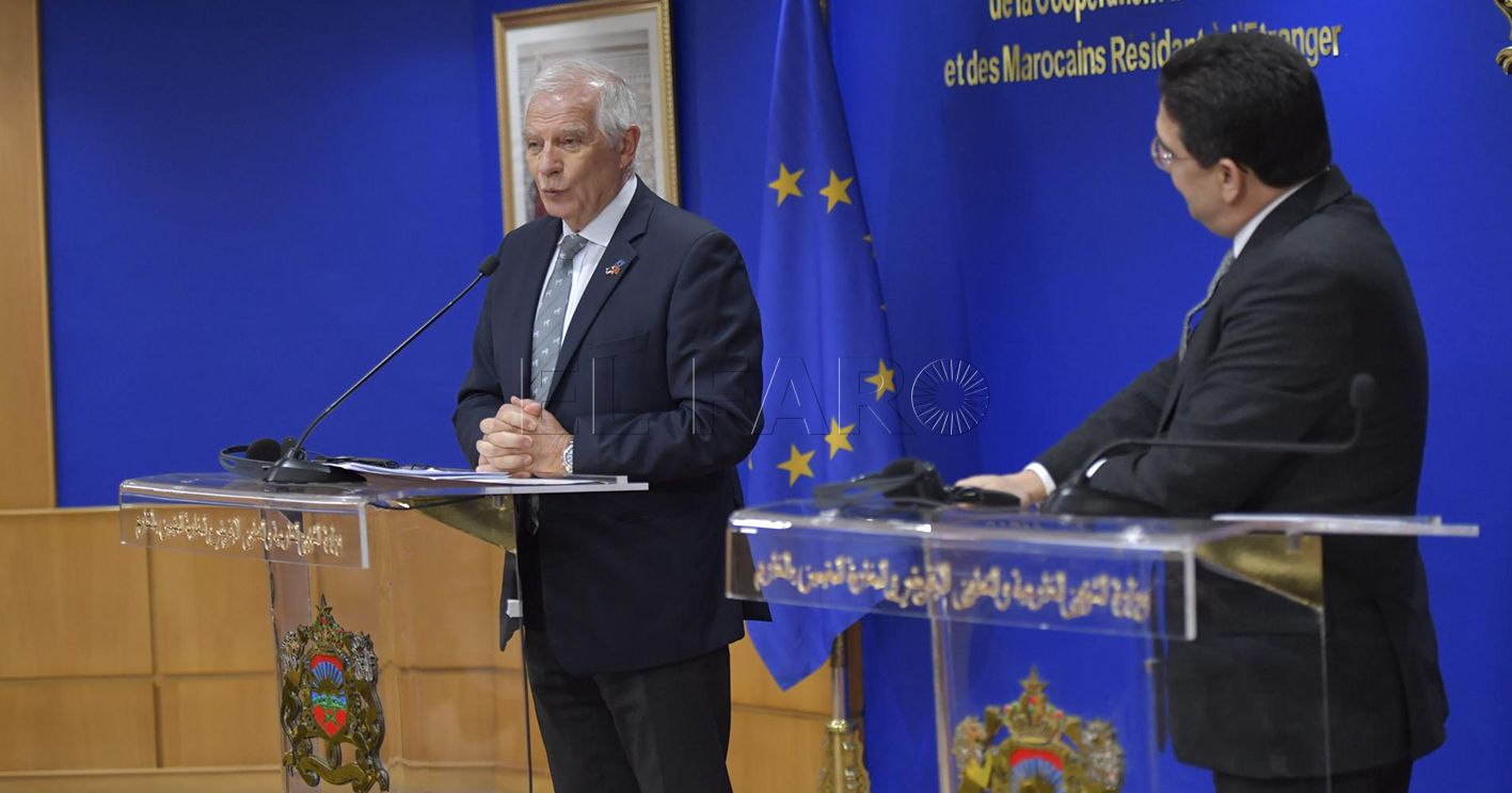 Rabat (Morocco), 05/01/2023.- Moroccan Foreign Minister Nasser Bourita (R) and Josep Borrel (L), High Representative of the European Union for Foreign Affairs and Security Policy, attend a joint press conference after a meeting at the Foreign Ministry building in Rabat, Morocco, 05 June 2023. (Marruecos) EFE/EPA/JALAL MORCHIDI