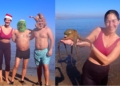 Kichou Florensa Grinch y Tesi con un pulpo Baño de Navidad en la playa de Horcas Coloradas